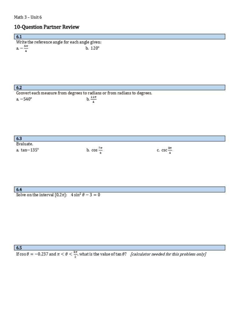 Math 3 Unit 6: Trigonometry Review Guide | PDF | Teaching Methods ...