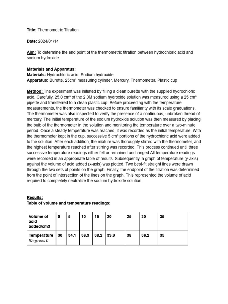 Thermometric Titration PDF Titration Chemistry