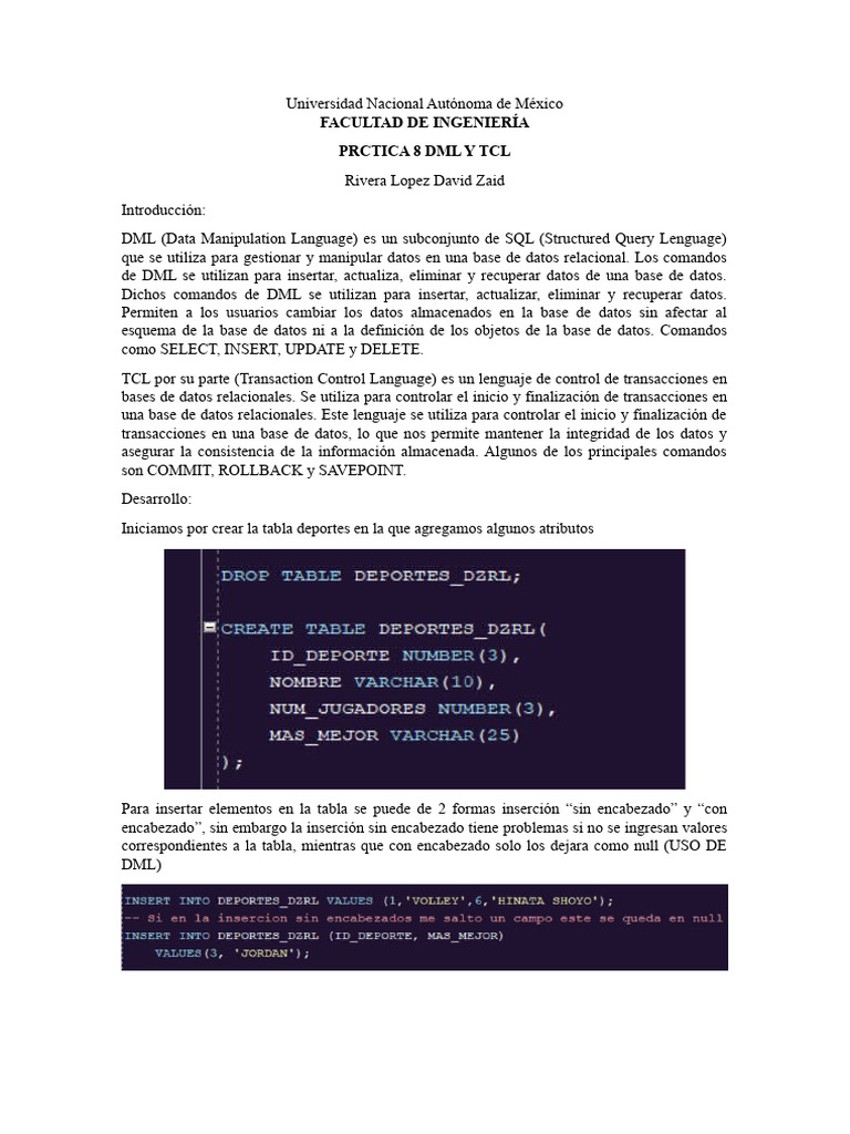 Facultad de Ingeniería Prctica 8 DML Y TCL | PDF | Bases de datos ...
