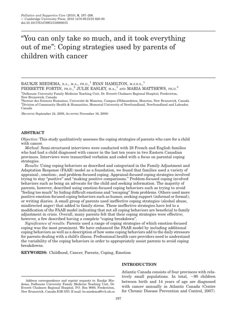 Coping Strategies of Parents with Cancer Kids | PDF | Stress (Biology ...