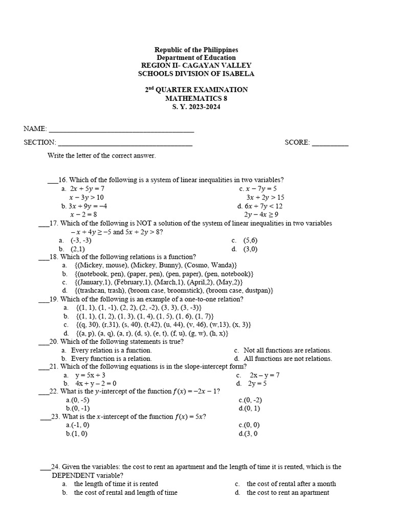 Math 8 q2 | Download Free PDF | Inequality (Mathematics) | Mathematics