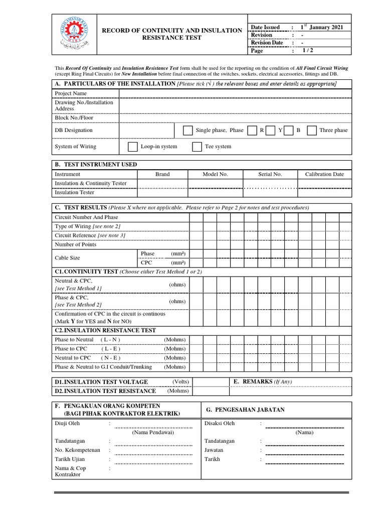 Wiring Continuity & Insulation Test Report | PDF | Electrical Wiring ...
