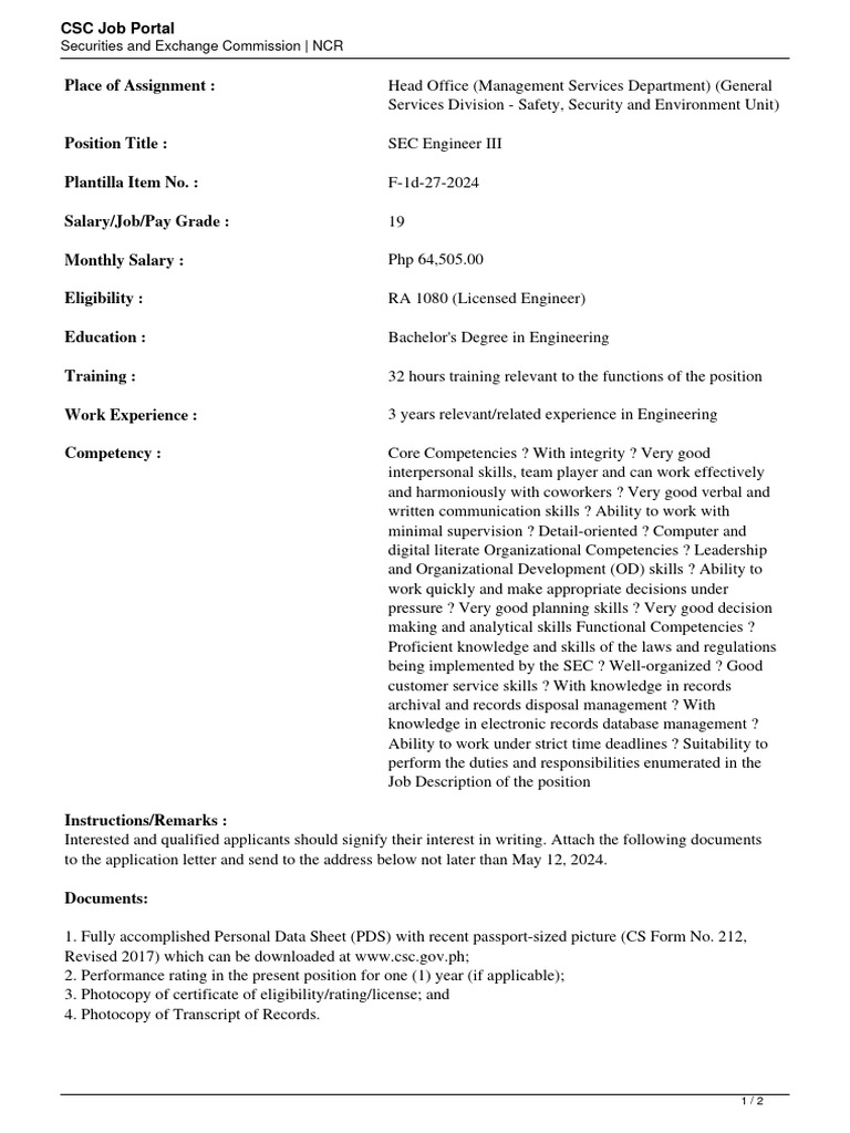 SEC Engineer III Job Opening | PDF | U.S. Securities And Exchange ...
