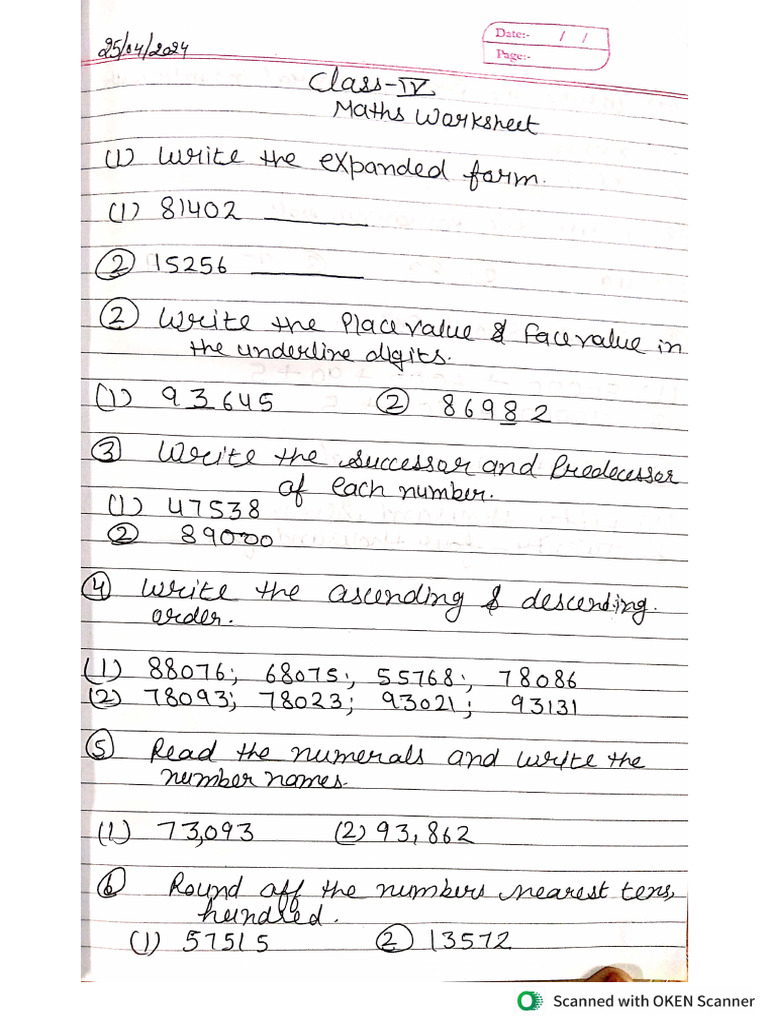 Class-4 Maths R.V Worksheet | PDF