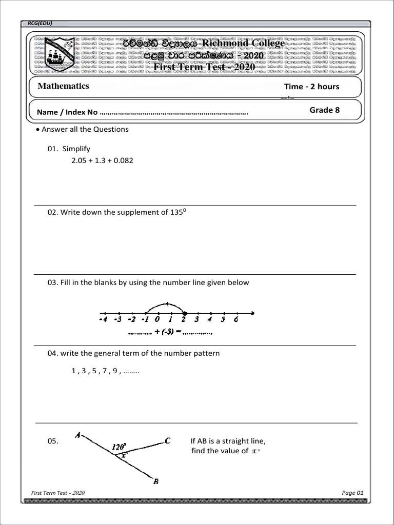 Grade 8 Maths First Term Test 2020 | PDF