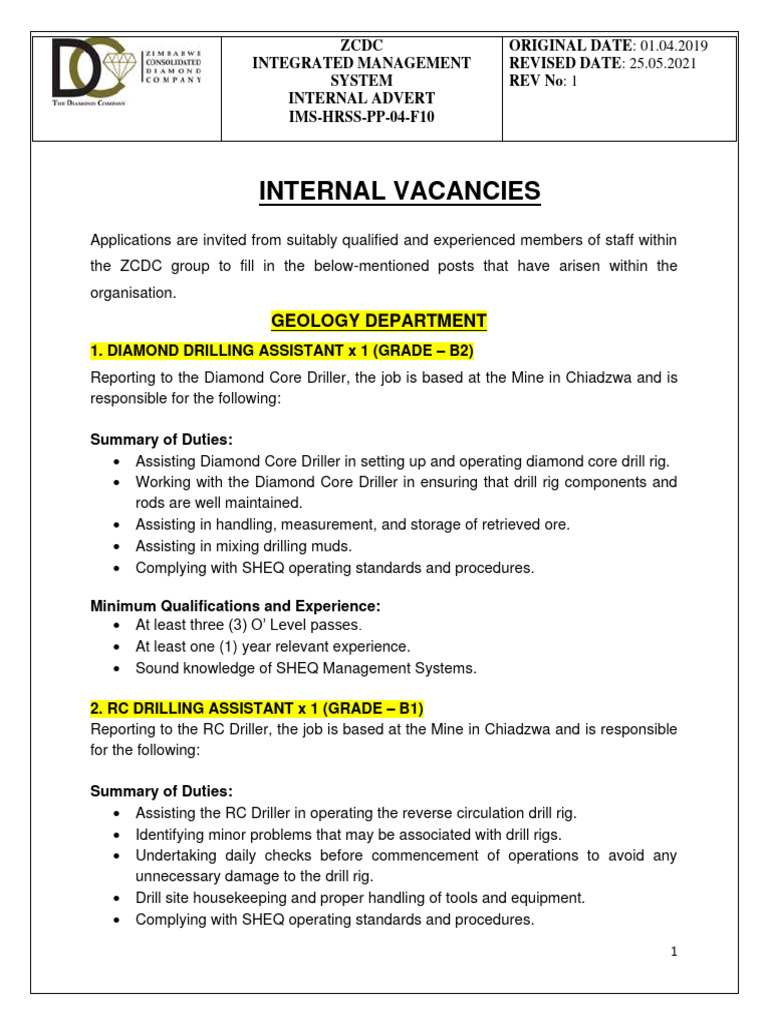 Internal Vacancies - April 2024 (Geology, Processing, Mining, Sales