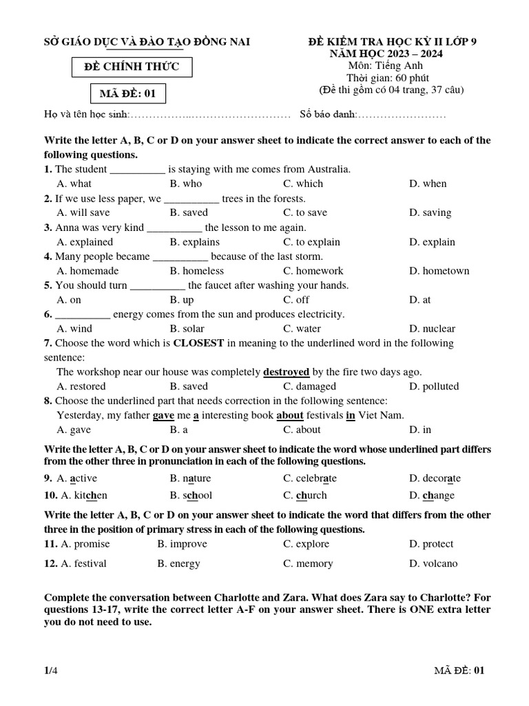 English Test for 9th Grade Students | PDF