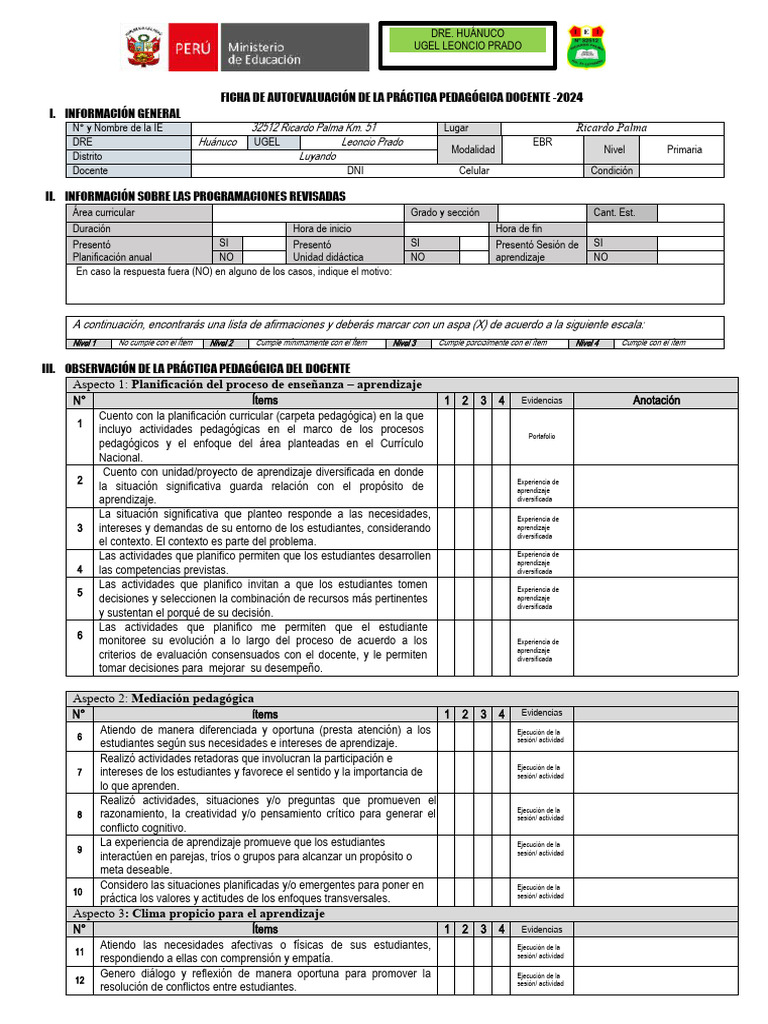 Ficha de Autoevaluación Docente 2024 | PDF | Aprendizaje | Evaluación