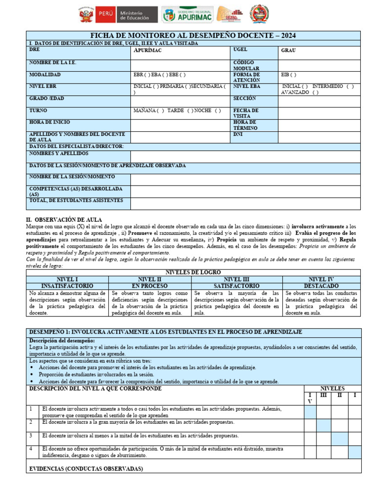 Ficha de Monitoreo Docente 2024 | PDF | Maestros | Evaluación
