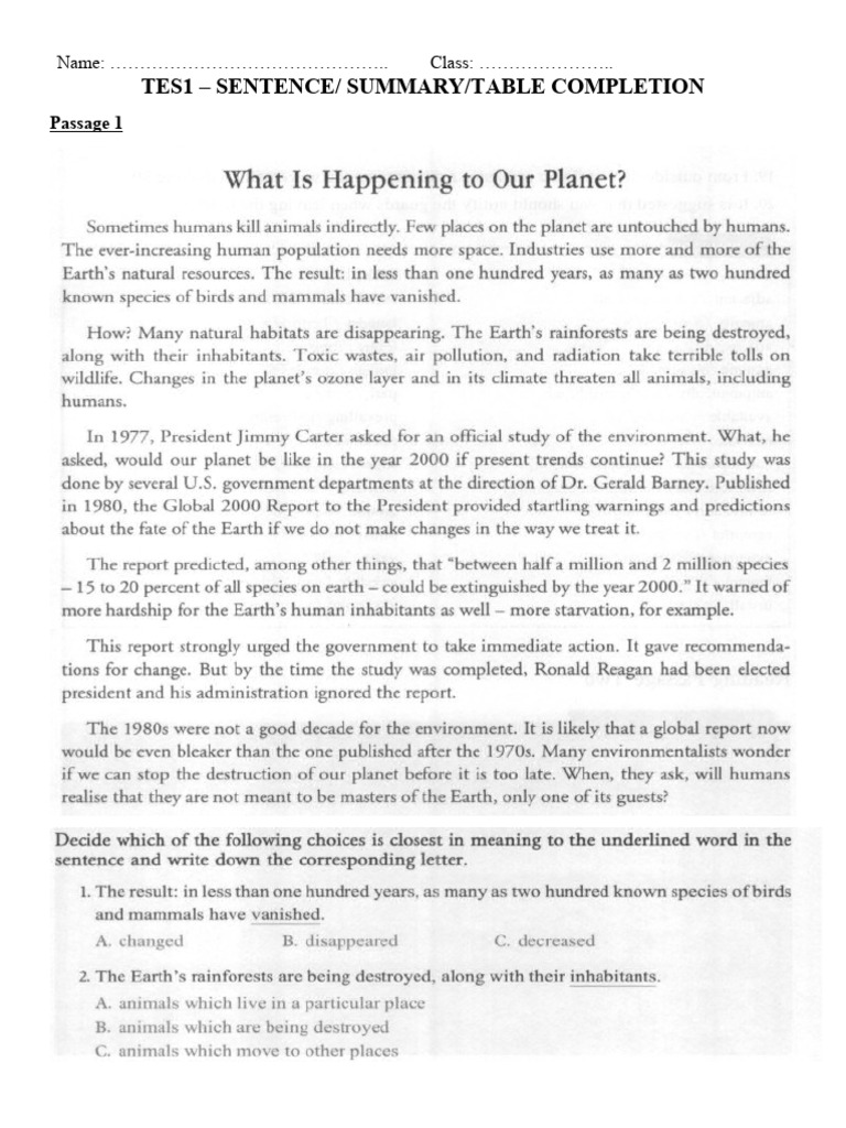 Sentence Completion Test for Class 1 | PDF