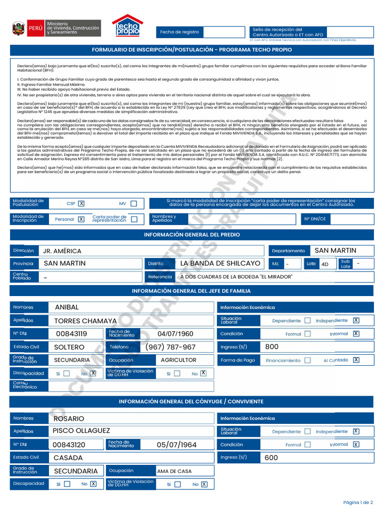 Formulario de Inscripción Techo Propio | PDF | Documento de identidad