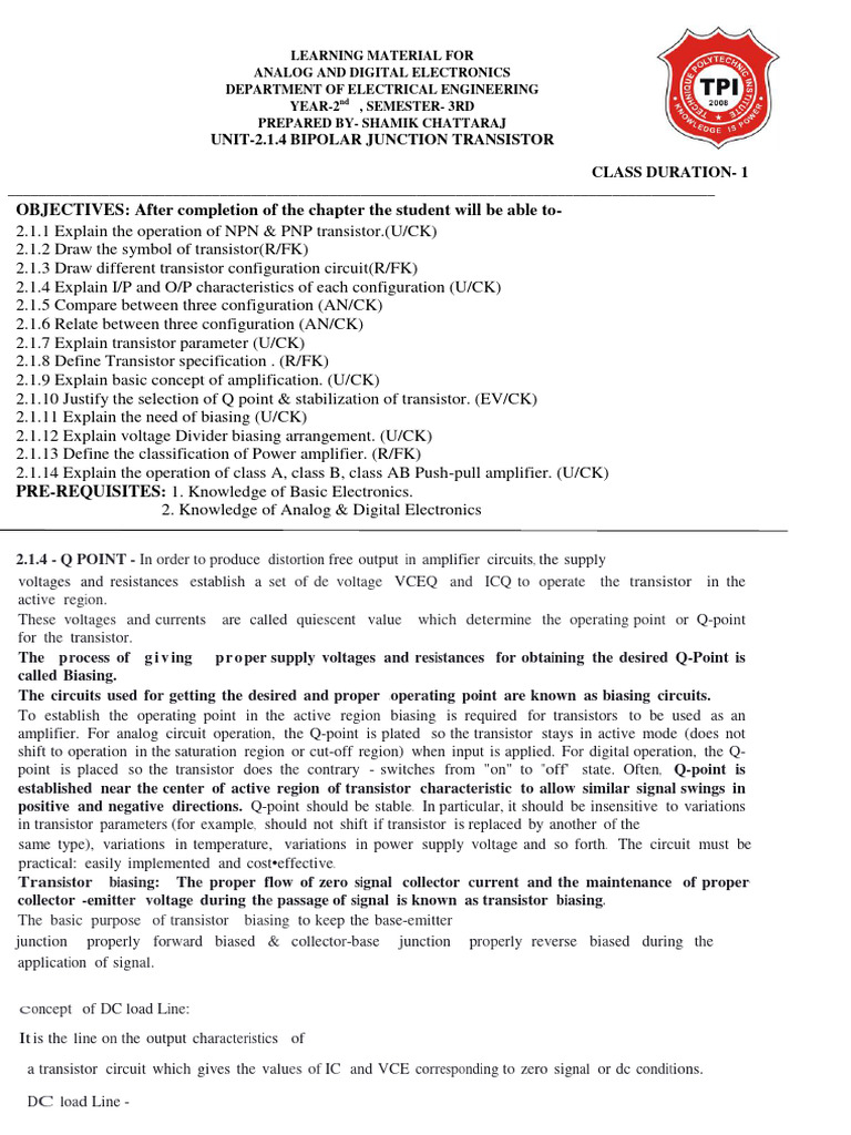 Unit 2.1 BJT | PDF | Amplifier | Bipolar Junction Transistor