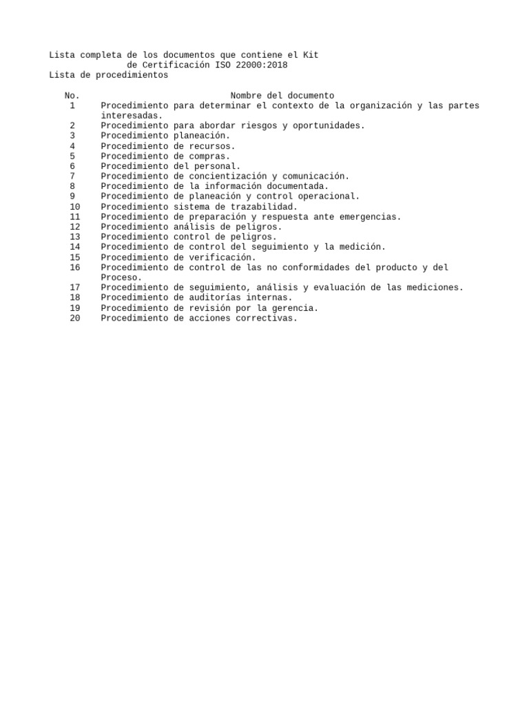 Lista Completa de Los Documentos Del Kit de Certificacion ISO 22000 ...