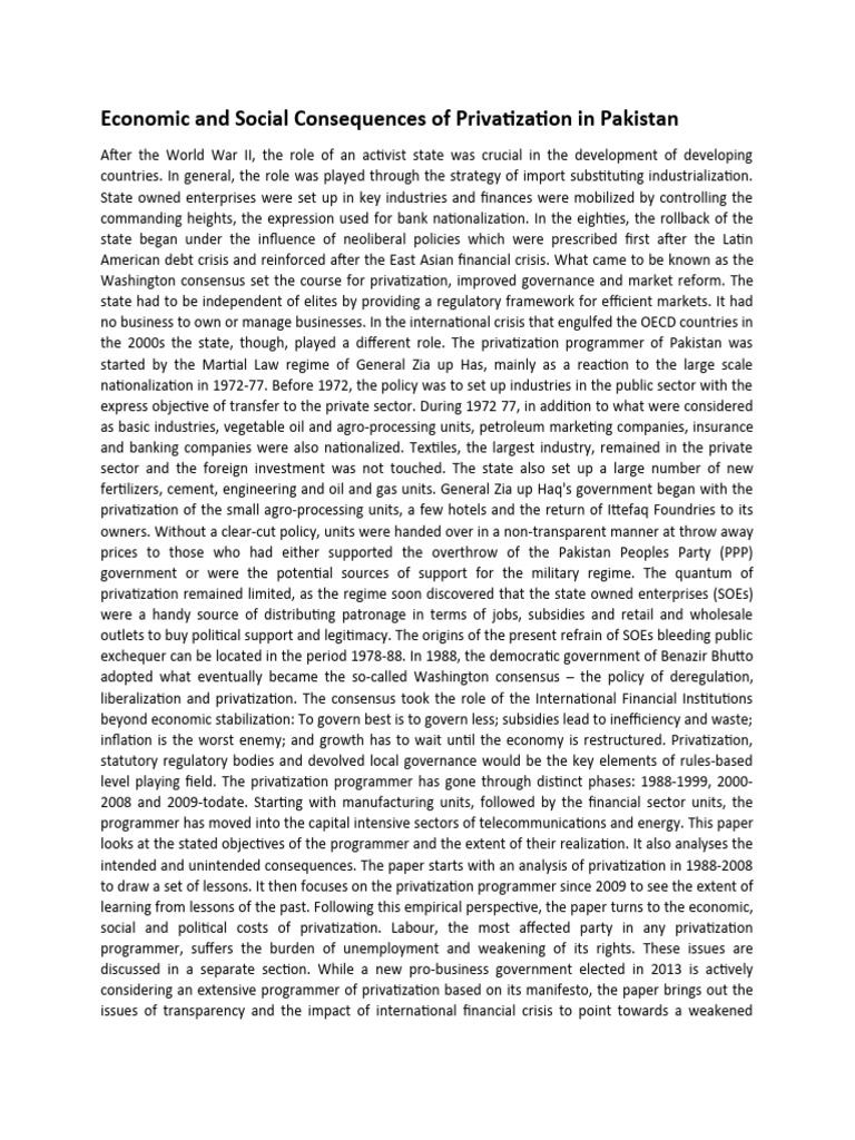 Economic and social consequences of privatization in pakistan pdf