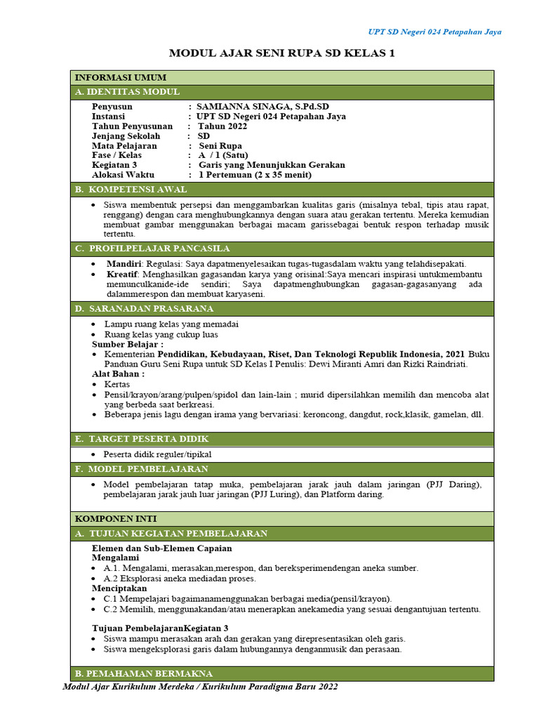 Modul Ajar Seni Rupa Kelas 1 SD | PDF