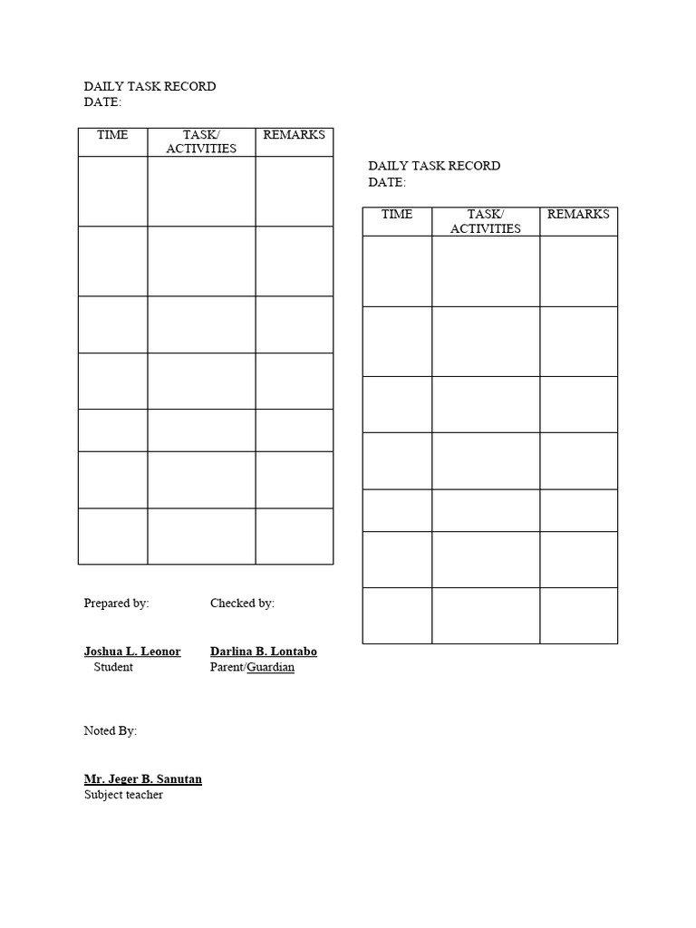 Daily Task Record PDF