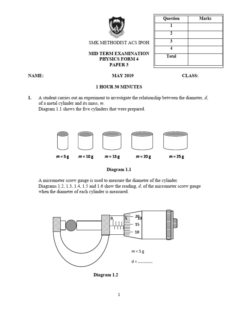 Physics Form 4 Mid-Term Exam 2019 | PDF | Experiment | Science