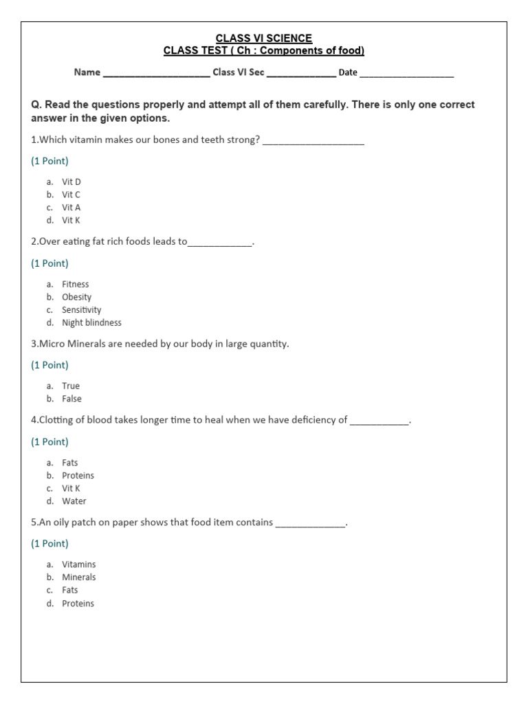 Class VI Science Test: Food Components | PDF