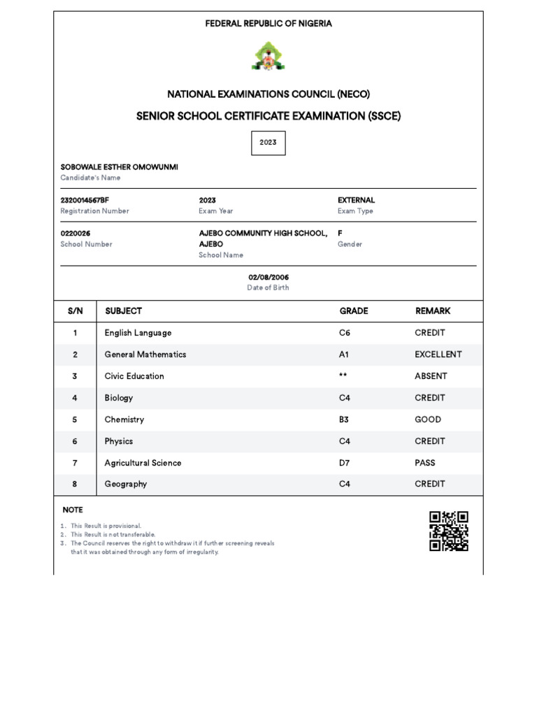 NECO Results Portal PDF