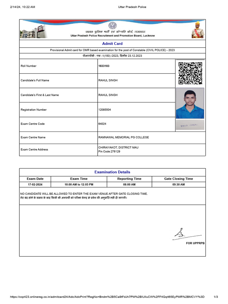 UP Police Constable Exam Admit Card 2024 | PDF
