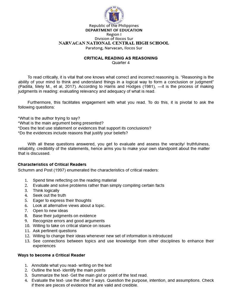 Critical Reading and Reasoning Skills | PDF | Laughter | Reason