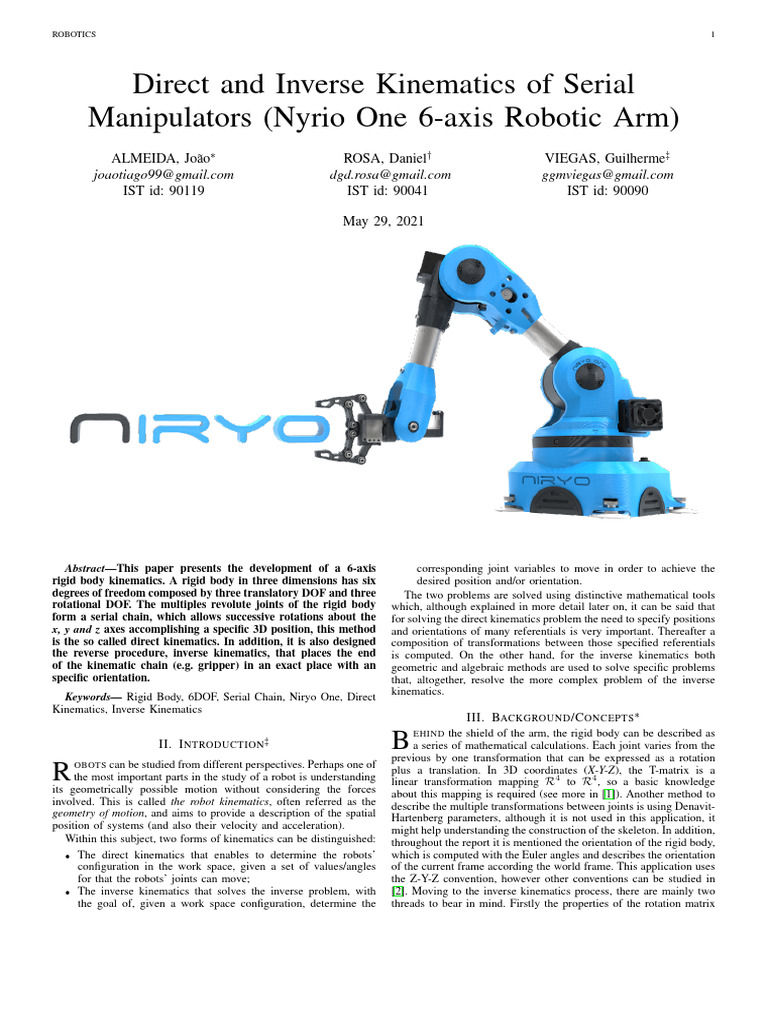 Direct and inverse kinematics of serial manipulators nyrio one 6 axis