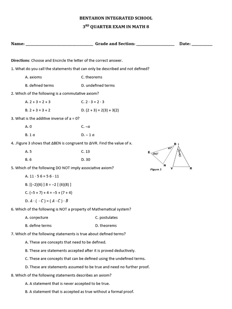 Math 8 3rd Q Exam | PDF | Theorem | Mathematics