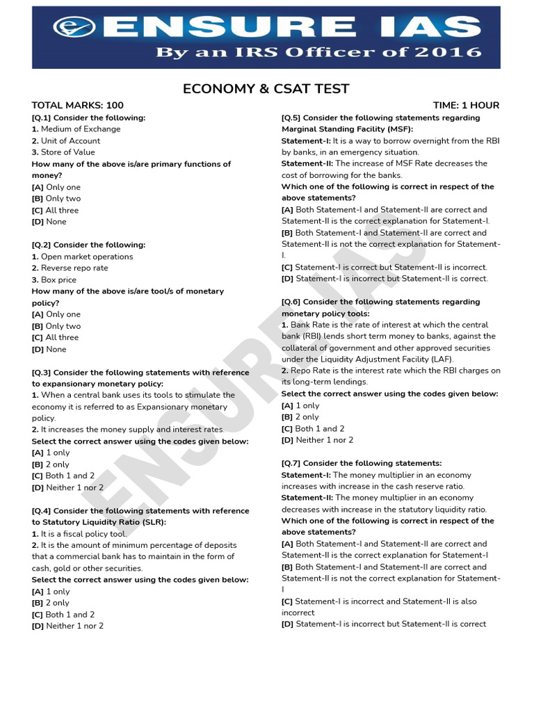 Economy and CSAT Test Questions | PDF | Reserve Bank Of India | Reserve ...