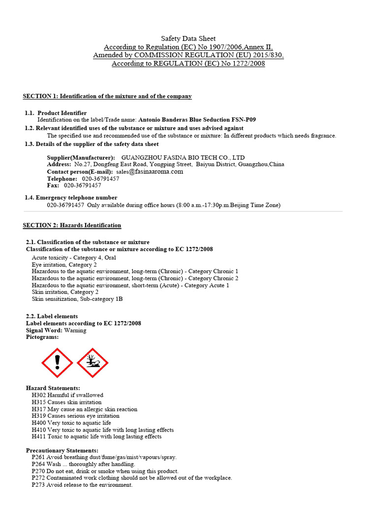 Antonio Banderas Blue Seduction FSN-P09 MSDS | PDF | Waste Management ...