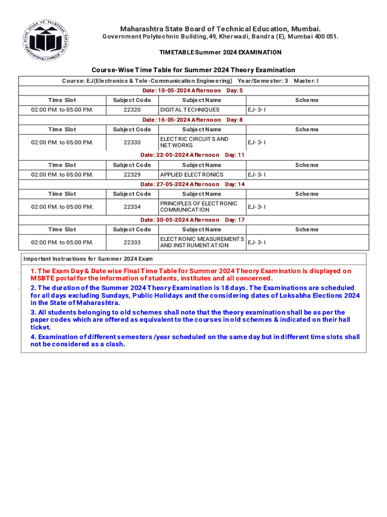 Time Table For Summer 2024 Theory Examination | PDF