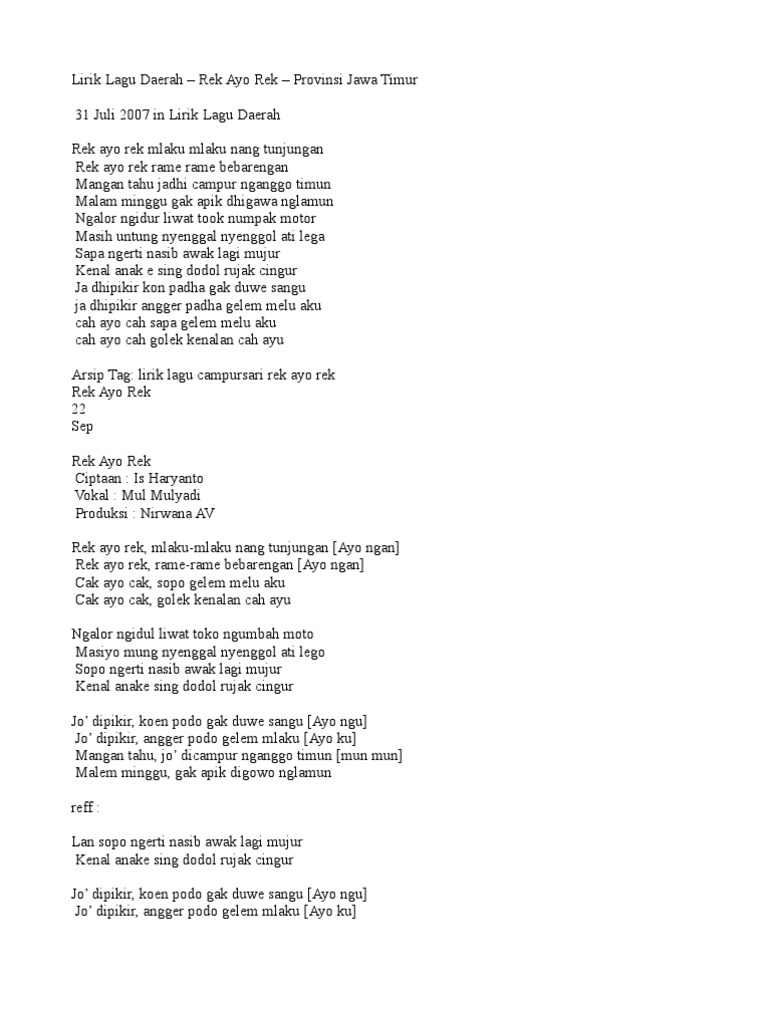 Lirik Lagu Daerah Rek Ayo Rek Provinsi Jawa Timur 31 Juli 2007 In Lirik Lagu Daerah Rek