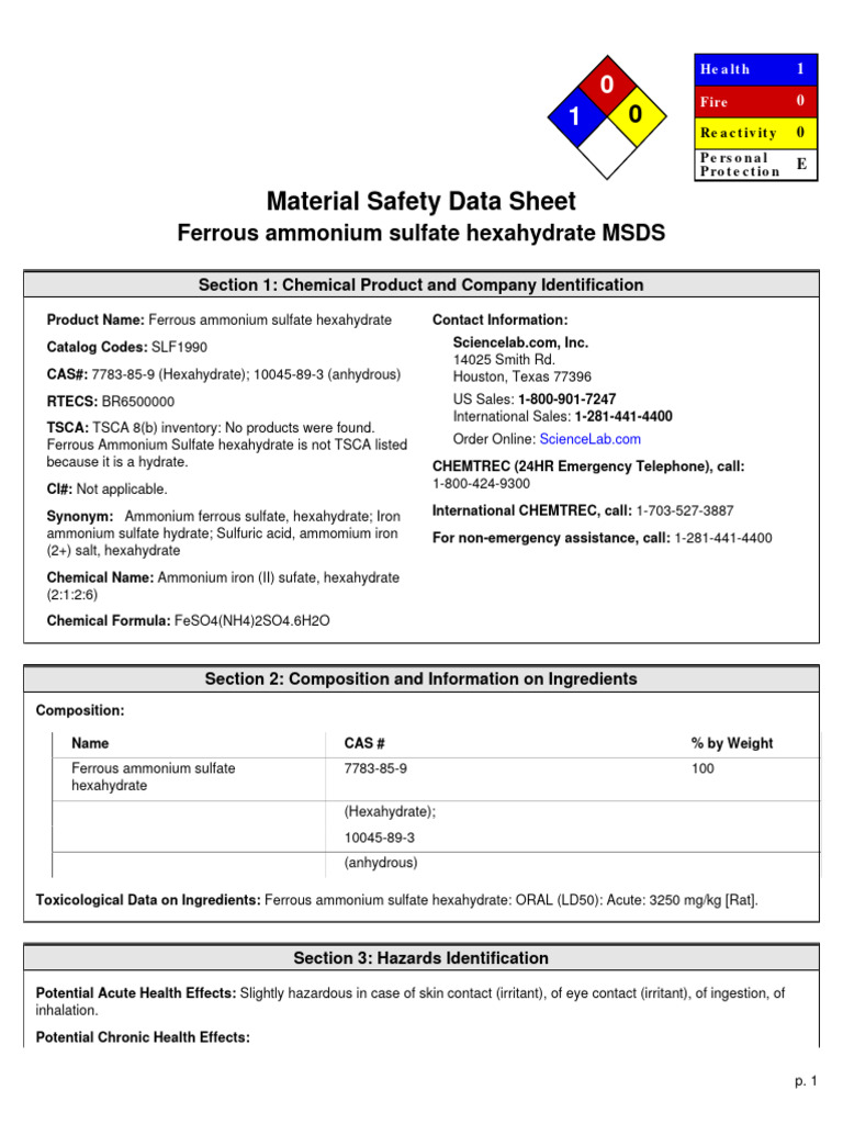 Ferrous Ammonium Sulfate Hexahydrate MSDS | PDF | Water