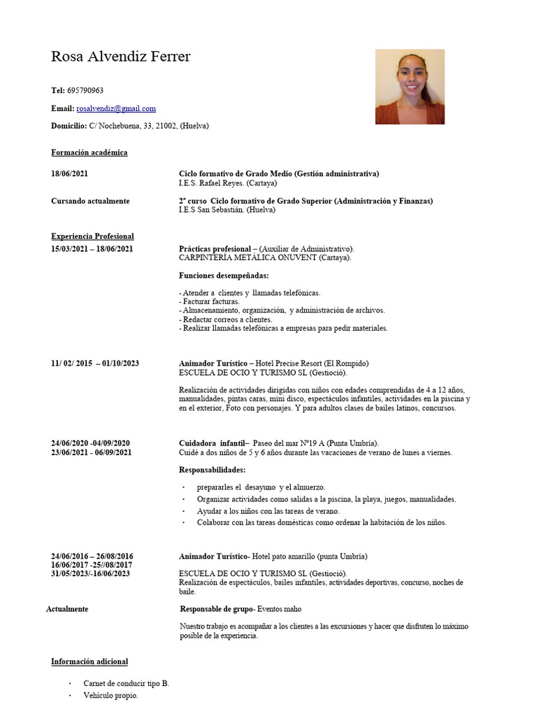 Rosa Alvendiz: CV y Experiencia Laboral | PDF | Turismo
