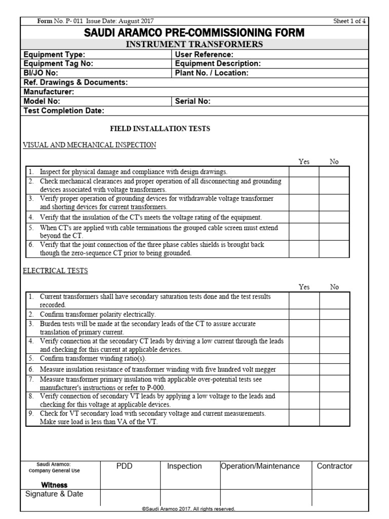 Saudi Aramco Pre-Commissioning Form: Instrument Transformers | PDF ...
