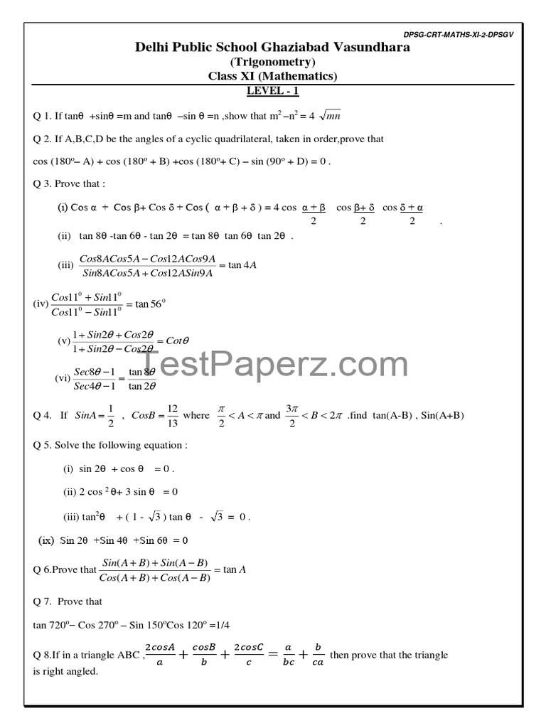 Trigonometry Assignment for Class XI | PDF | Triangle | Geometry