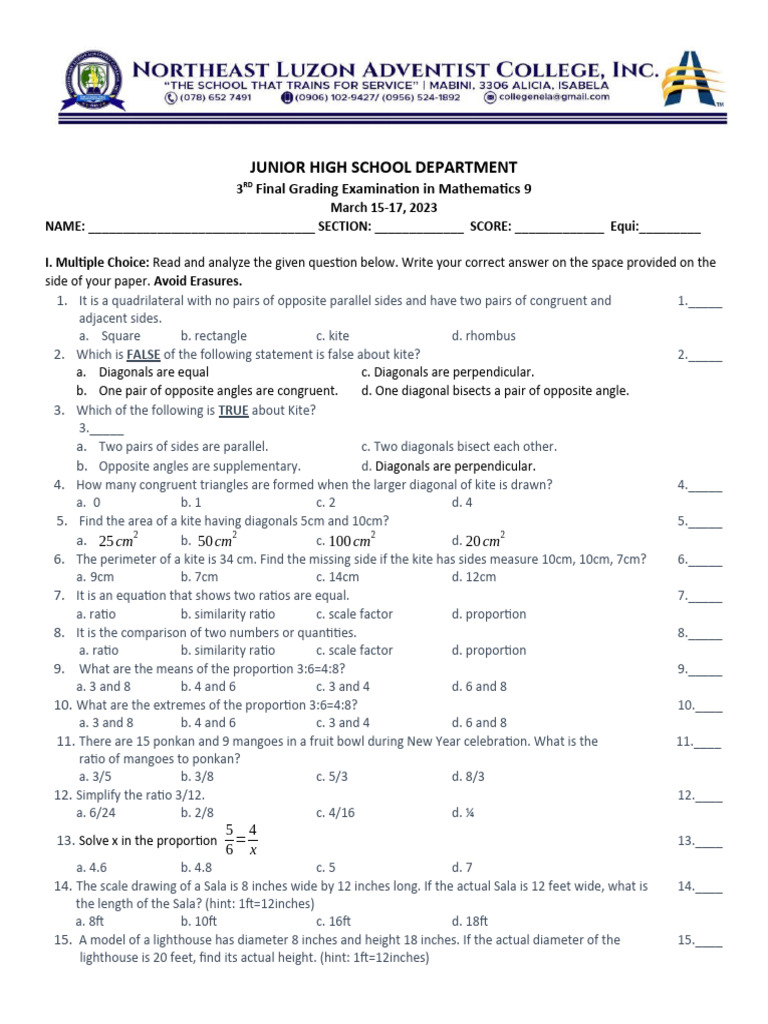 Grade 9 Math Exam: Chapter 4.6b Q3 | PDF | Triangle | Perpendicular