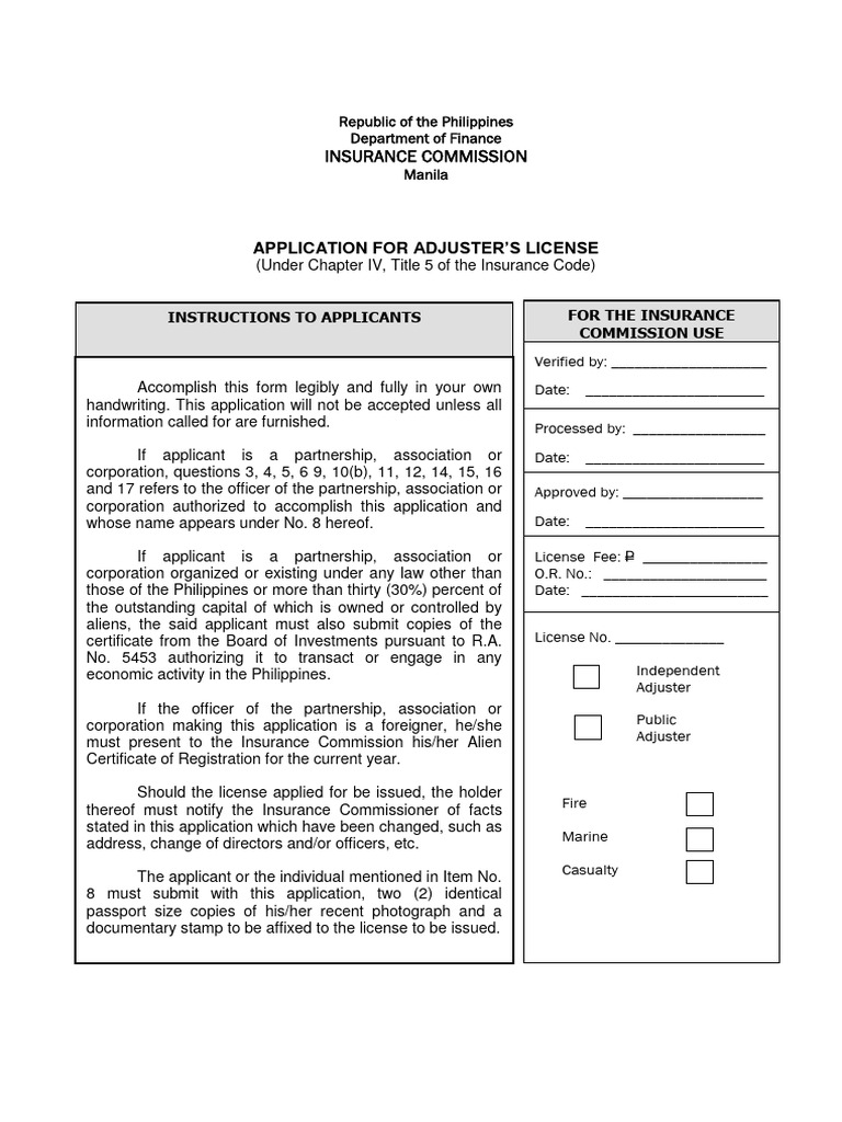 Application For Adjusters License | PDF | Affidavit | Naturalization