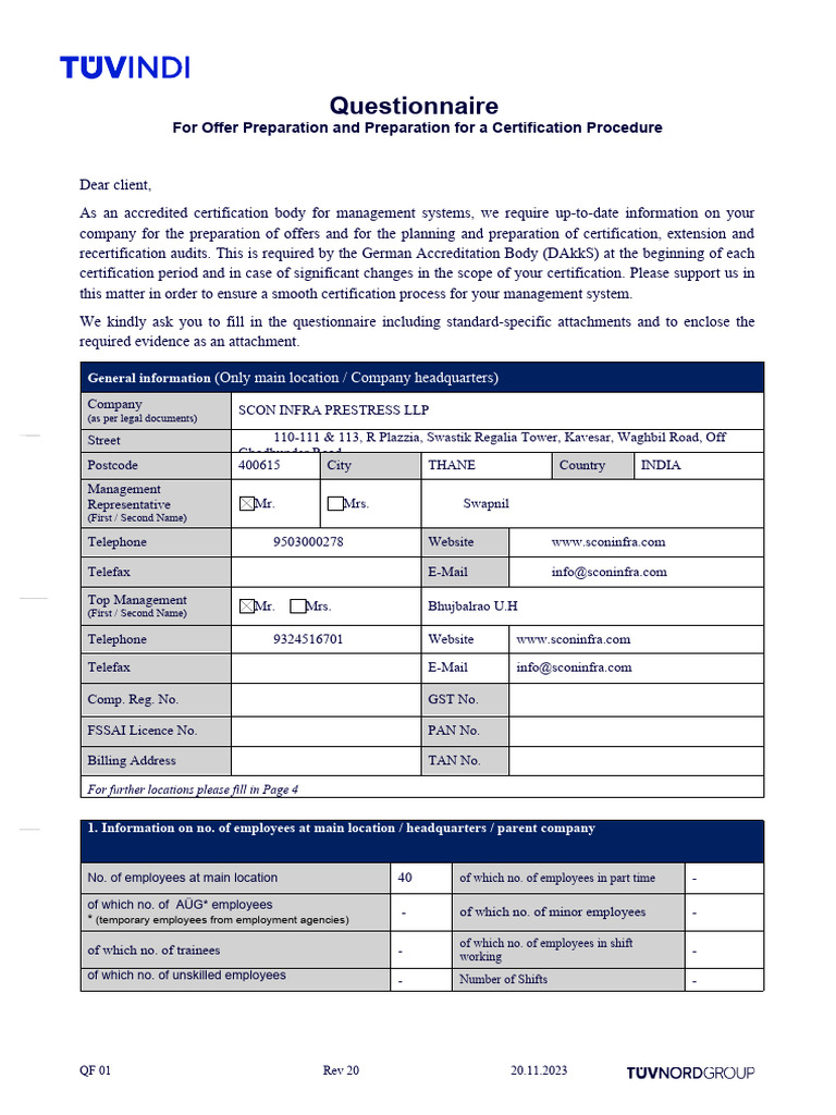 QF 01 Rev20 20.11.2023 Questionare For Offer Preparation - Scon Infra ...