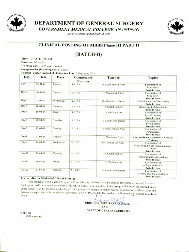 Clinical Posting Schedule for MBBS Students | PDF | Clinical Medicine ...