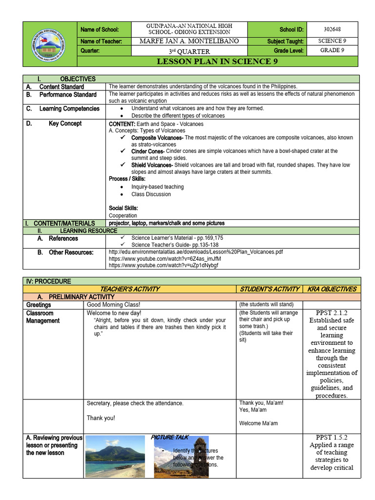 Lesson Plan: Volcanoes in Science 9 | PDF | Volcano | Lava