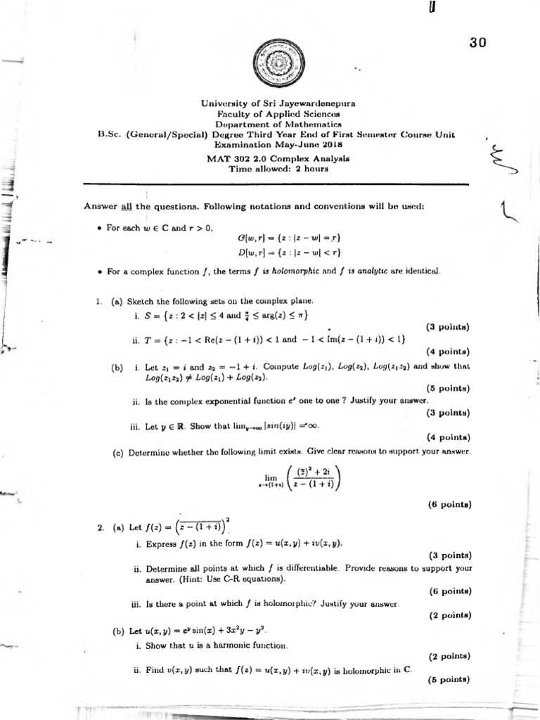 MAT 302 Complex Analysis Exam 2018 | PDF | Complex Analysis ...