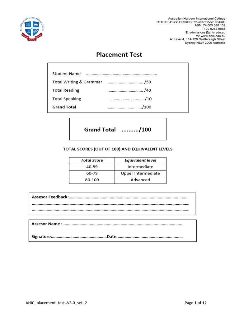 AHIC Placement Test Instructions and Tasks | PDF