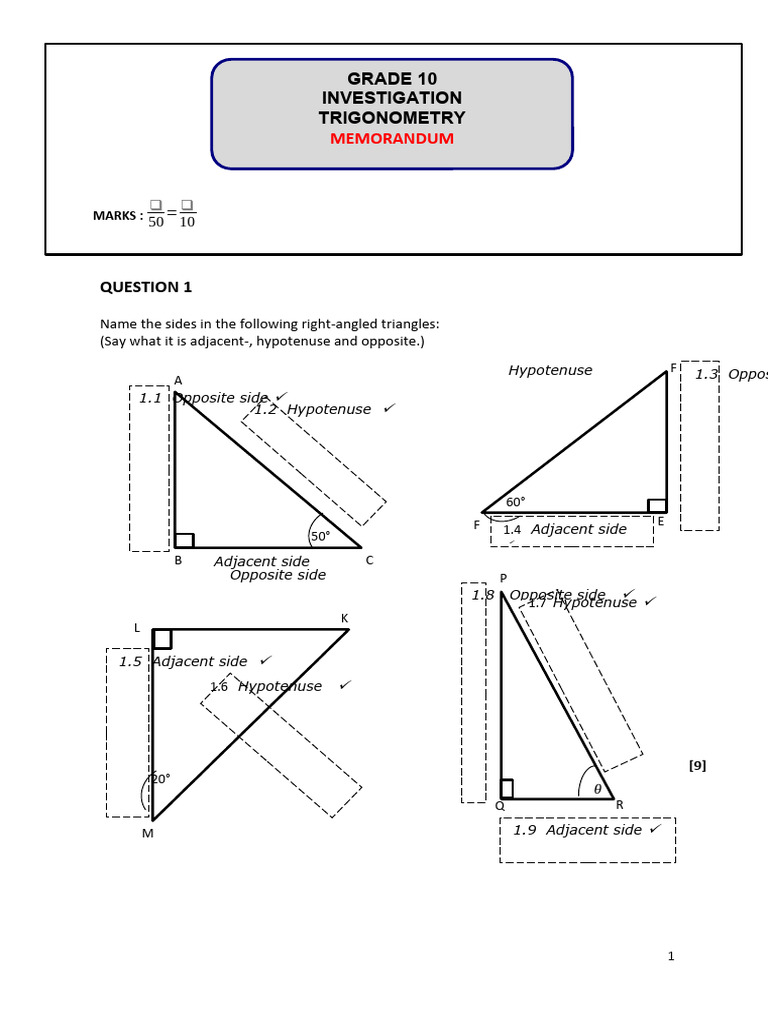 Grade 10 Trigonometry Investigation Memo | PDF | Trigonometry | Triangle