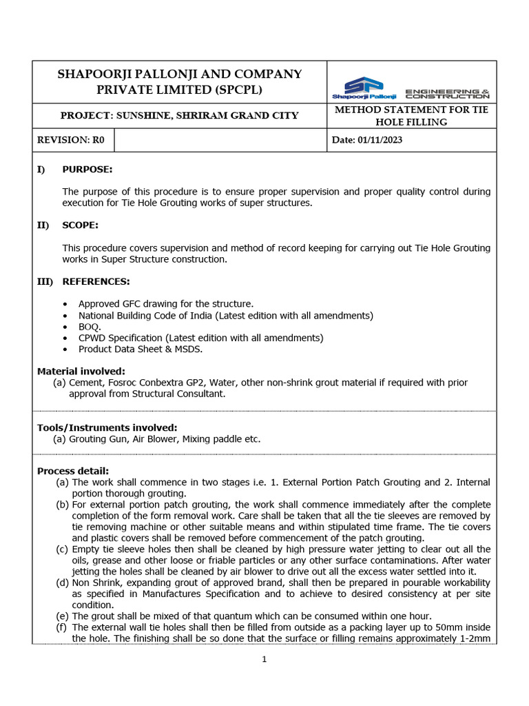 Method Statement Tie Hole Filling Work R0 01.11.2023 PDF