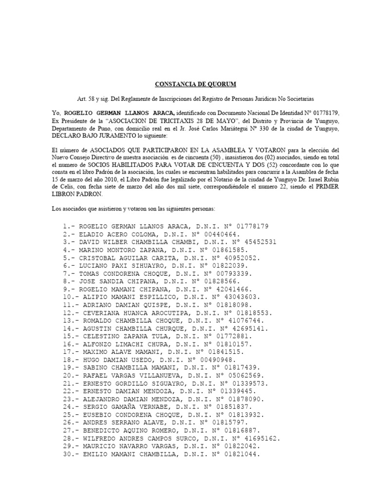 CONSTANCIA DE QUORUM | PDF