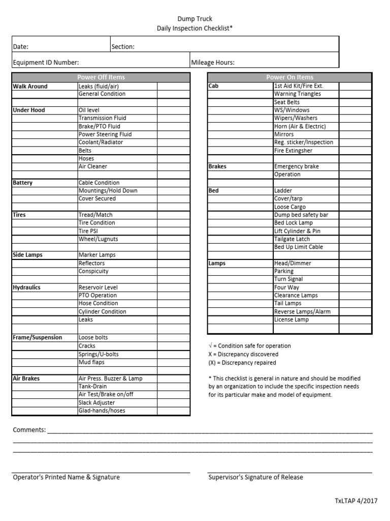 Dump Truck Daily Inspection Checklist | PDF | Truck | Brake