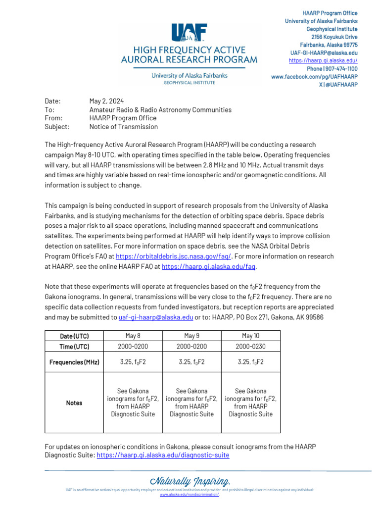 HAARP Notice May 2024 PDF Ionosphere Software Defined Radio