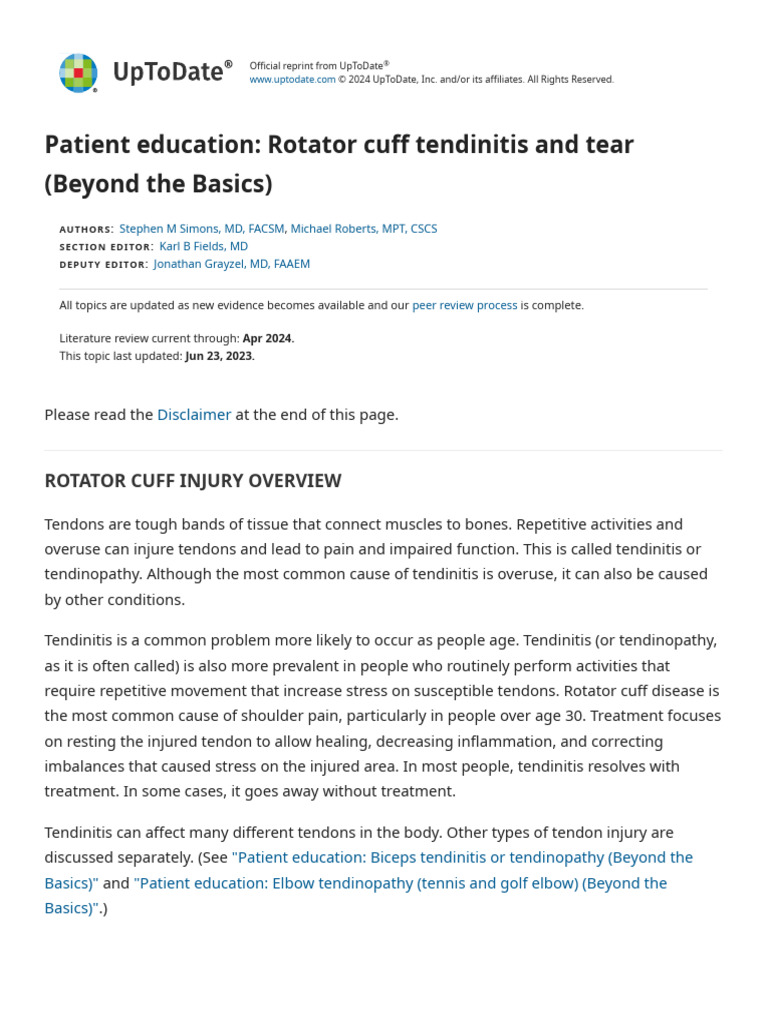 Patient Education - Rotator Cuff Tendinitis and Tear (Beyond The Basics ...