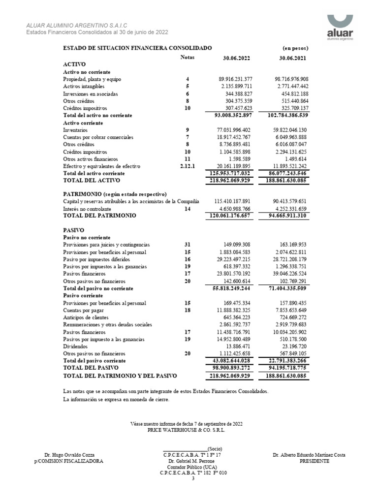 Estados Financieros Aluar 2022 | PDF | Estado de resultados | Economias