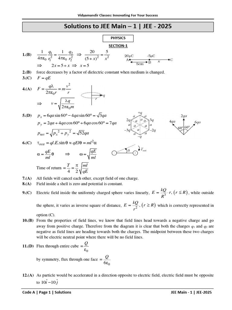JEE Main 2025 Solutions Overview | PDF | Electric Field